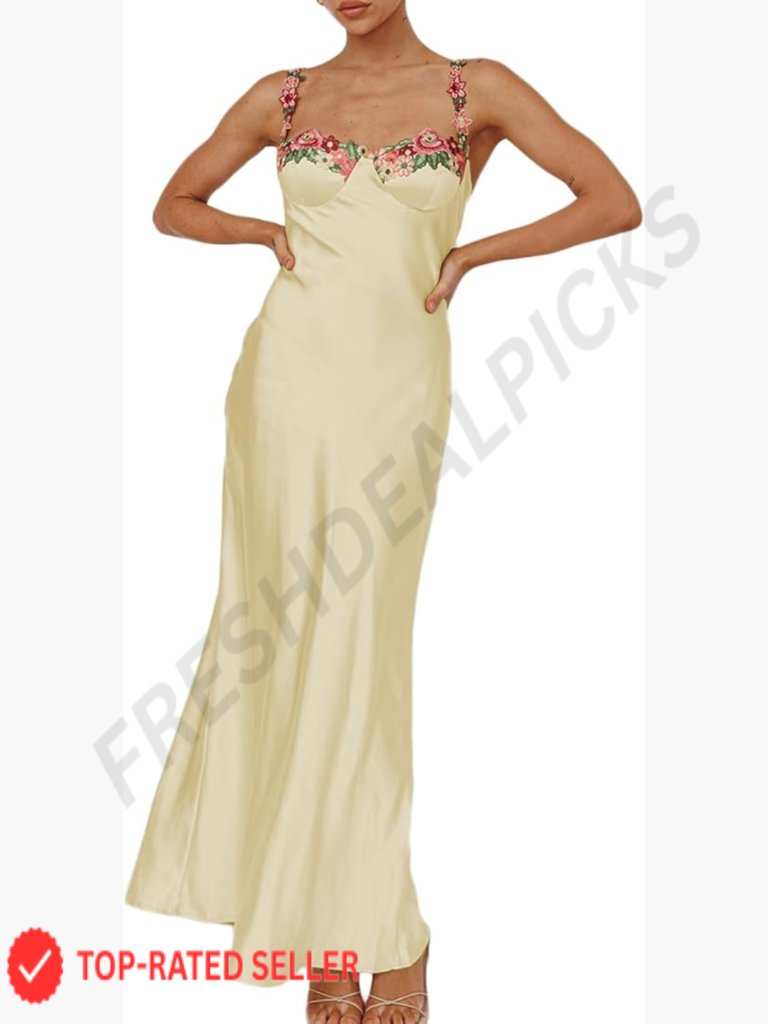 Satin Spaghetti Strap Embroidered Maxi Dress Sweetheart Neckline Backless Slit